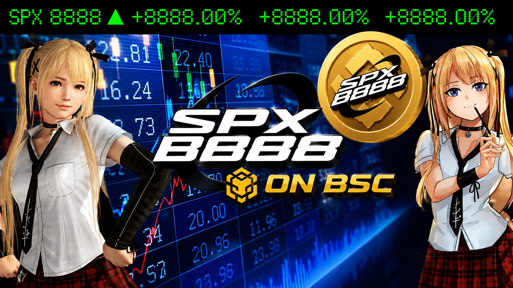 SPX8888 on BSC with two blonde finance mascots, gold BNB coin and trading screens